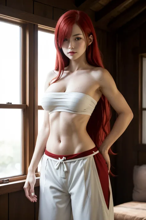 work of art, best qualityer, high resolution, fairy tale, 1 girl, long hair, Red hair, hypdertailed, white ribbon, hair over one eye, eyes browns, clavicle, Peito Sarashi, dressing, bare arms, tummy, red too, red pants, cowboy shot, Inside the house, stand...