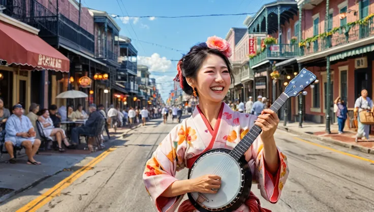 New Orleans, Louisiana, USA　Bourbon Street　A beautiful Japanese woman in a kimono happily plays the banjo along with a jazz band on a busy street in the American South during the day　Painterly