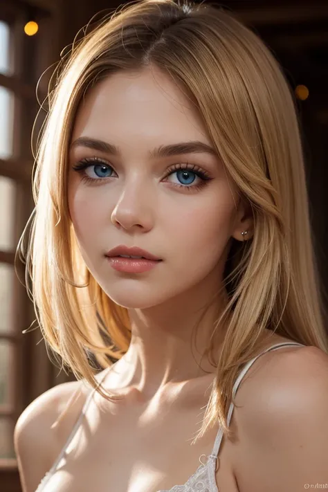 (Best quality,8k,high resolution,masterpiece:1.2),Digital Artwork,A girl,Delicate face,Delicate eyes,Mi blonde hair,Long straight hair,shiny blue eyes,Red lips,particle,dust,Warm colors,shy,in love,Eevee drawing,Men's white collar shirt,necklace,Pretty...