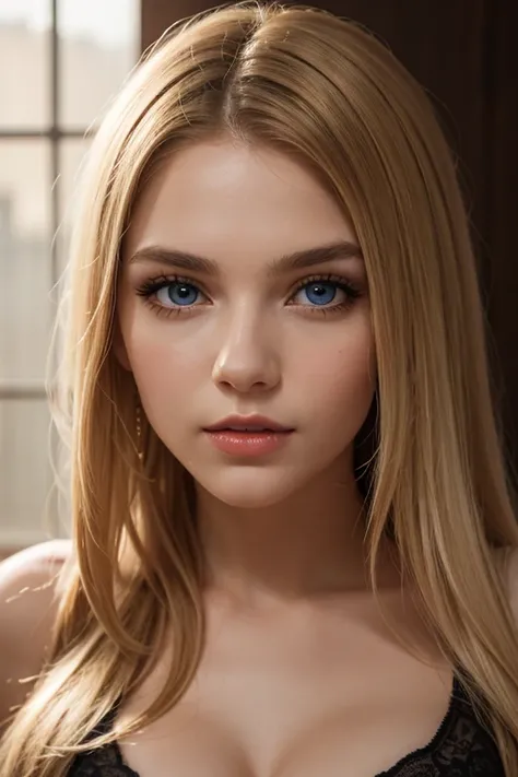 extremely sexy, (Best quality,8k,high resolution,masterpiece:1.2),Digital Artwork,A girl,Delicate face,Delicate eyes,Mi blonde hair,Long straight hair,shiny blue eyes,Red lips,particle,dust,Warm colors,shy,in love,Eevee drawing,Men's white collar shirt...