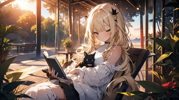 A girl sits alone on a beach chair reading a book at sunset.
She has long blond hair and wears a white rough one-piece dress.
A black cat is sleeping under the chair.
The cat is curled up asleep.
There is a forest on the land side of the beach.
The sunset ...