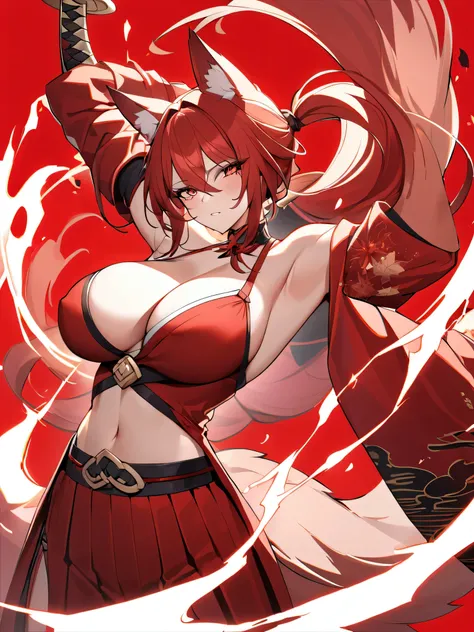  8K Best quality Best work Red long ponytail Red fox ears Nine fox tails Very large breasts Flaming Japanese sword Red jacket Long hakama Red eyeshadow on lower eyelids Red burning background Japanese style Samurai Flame hell Five fingers