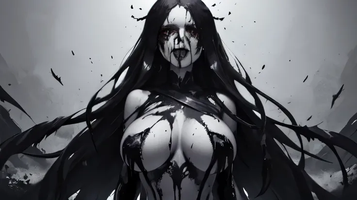 bs, solo, simple background, monochrome, upper body, greyscale, bodysuit, black background, 1other, monster, arms at sides, horror (theme) there is a large-breasted woman in the picture with her arms torn off and her face bleeding, ravens flying in the bac...