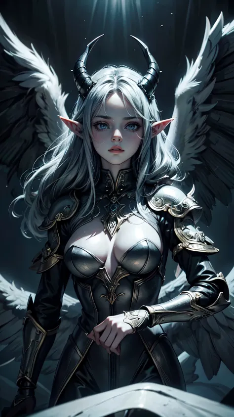 blindfolded, Divine judgement, sending from the sky, dynamic pose, A beautiful angel woman with huge wings, giant horns, facing forward, in a melancholy pose, with a beautiful sharp face, ultra-detailed, hyper realistic, cinematic lighting, dark moody colo...