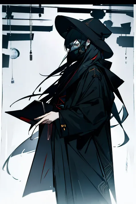 the doctor wears a black mask, long hair, a long black raincoat, and a hat.