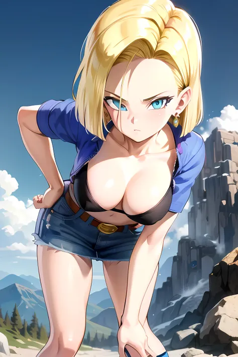 android 18, 1girl, android 18, solo, blonde hair, blue eyes, short hair, mountain, belt, denim skirt, earrings, jewelry, looking...