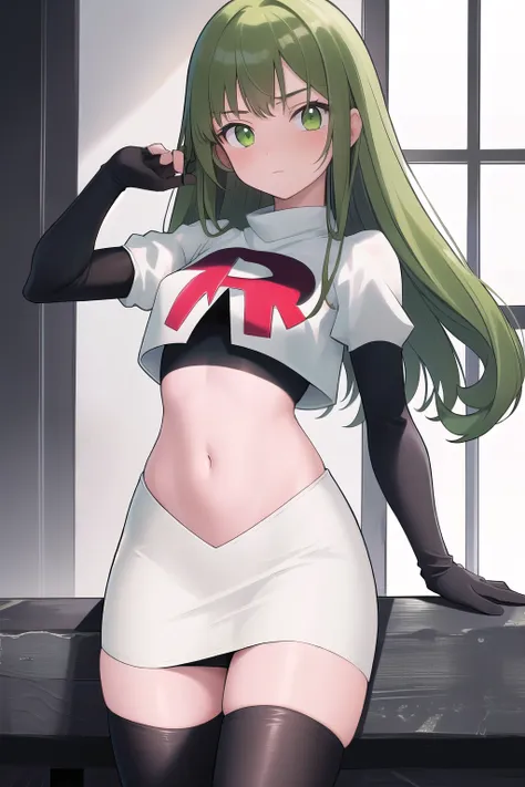 masterpiece, best quality, 1girl, solo, looking at viewer, blush, sitri, green eyes,green hair,team rocket,team rocket uniform,w...