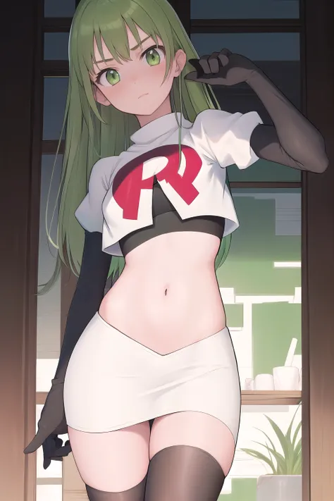 masterpiece, best quality, 1girl, solo, looking at viewer, blush, sitri, green eyes,green hair,team rocket,team rocket uniform,w...