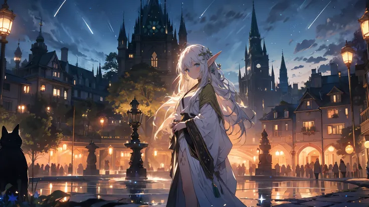 An elf with long white hair plays a harp.
The elf girl is wearing a green robe.
She is playing in front of the fountain in the town square.
The sky is filled with stars.
A black cat is playing happily at her feet.