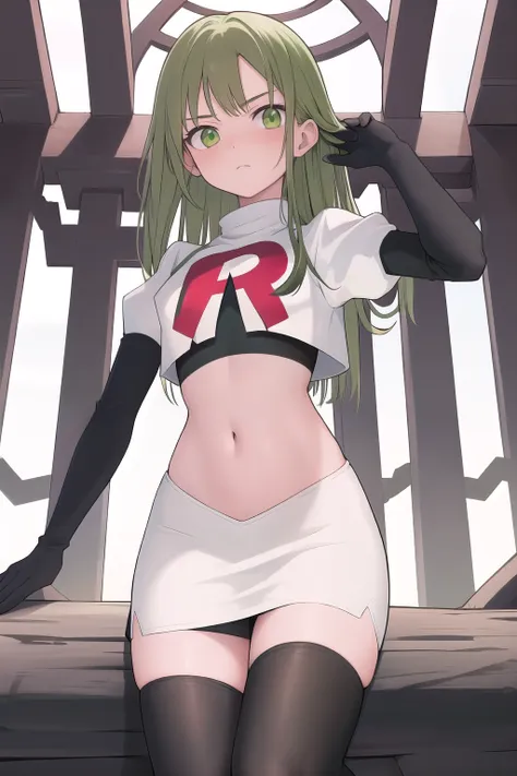 masterpiece, best quality, 1girl, solo, looking at viewer, blush, sitri, green eyes,green hair,team rocket,team rocket uniform,w...