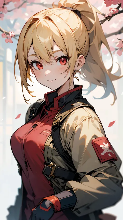 1 girl、Sharp focus、Anime-style paintings、Riders jacket、blonde、Red eyes、ponytail、gloves、smile、Upper body close-up、Standing in front of a street tree、Blur the background