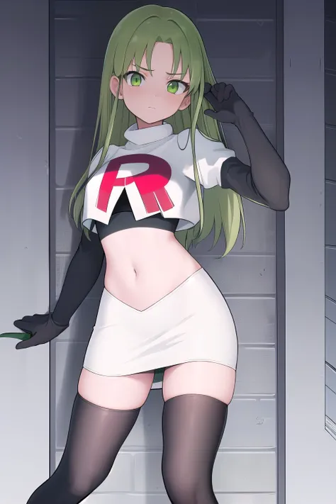 masterpiece, best quality, 1girl, solo, looking at viewer, blush, sitri, green eyes,green hair,team rocket,team rocket uniform,w...