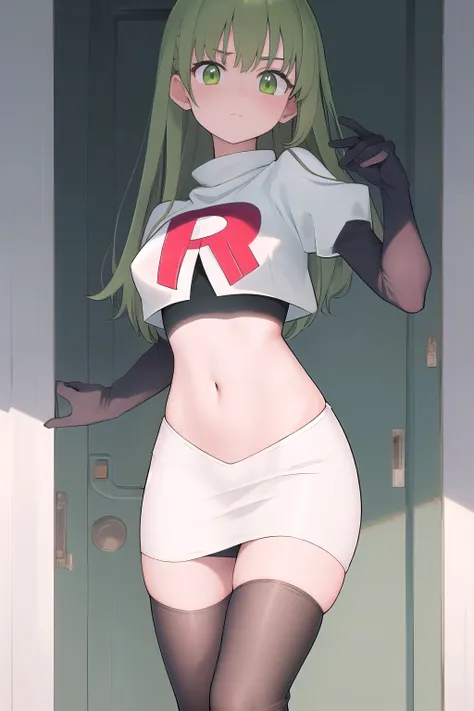 masterpiece, best quality, 1girl, solo, looking at viewer, blush, sitri, green eyes,green hair,team rocket,team rocket uniform,w...