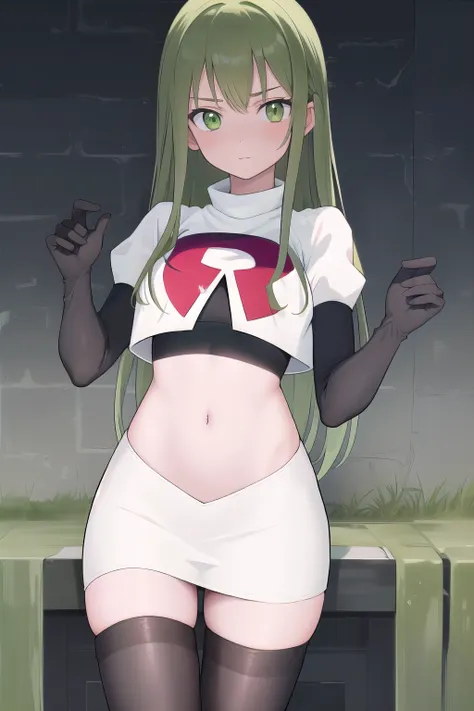 masterpiece, best quality, 1girl, solo, looking at viewer, blush, sitri, green eyes,green hair,team rocket,team rocket uniform,w...