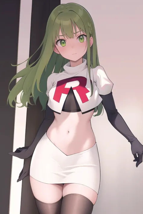 masterpiece, best quality, 1girl, solo, looking at viewer, blush, sitri, green eyes,green hair,team rocket,team rocket uniform,w...