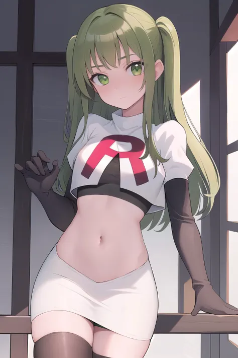 masterpiece, best quality, 1girl, solo, looking at viewer, blush, sitri, green eyes,green hair,team rocket,team rocket uniform,w...