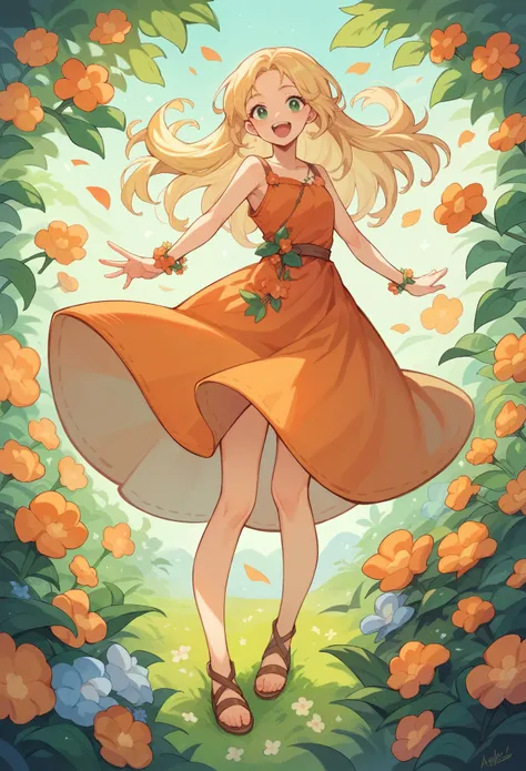 an image of a happy 16-year-old girl, fair skin, green eyes, long, straight blonde hair, wearing an orange dress with flowers painted on it and wearing brown sandals.