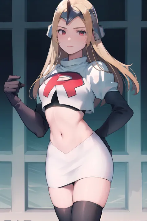 masterpiece, best quality, mathilda, helmet,  looking at viewer, team rocket,team rocket uniform,white skirt,red letter R,crop top,black thigh-highs,black elbow gloves