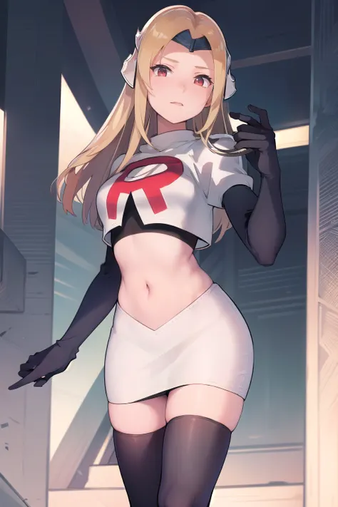 masterpiece, best quality, mathilda, helmet,  looking at viewer, team rocket,team rocket uniform,white skirt,red letter R,crop top,black thigh-highs,black elbow gloves