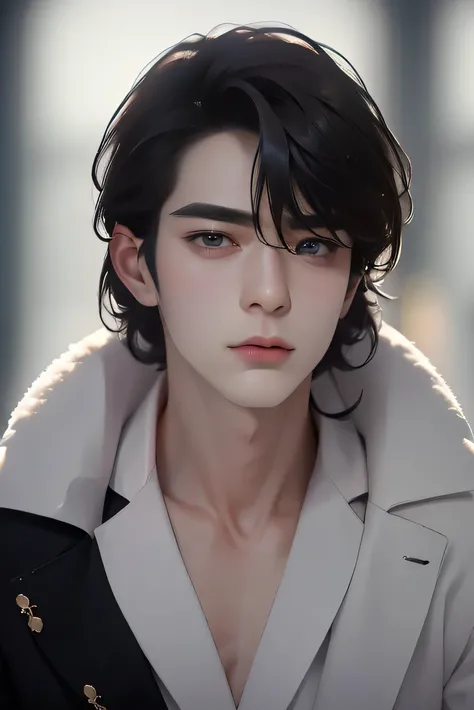 realistic photos of (1 cute male Korean star) Shoulder-length hair, thin makeup, medium breasts size, wearing coat, in the snow, clear facial features, 8K high resolution, sharp and realistic details.from outside, Eye-Level Shot, f/4.0, 135mm, Fujifilm, jp...