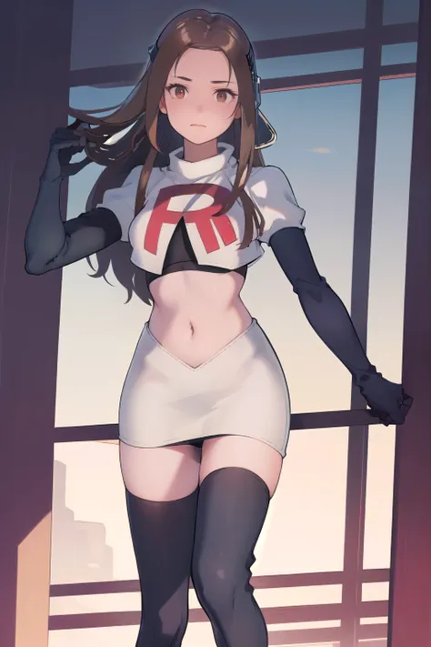 masterpiece, best quality, mathilda, brown eyes,helmet,  looking at viewer, team rocket,team rocket uniform,white skirt,red letter R,crop top,black thigh-highs,black elbow gloves