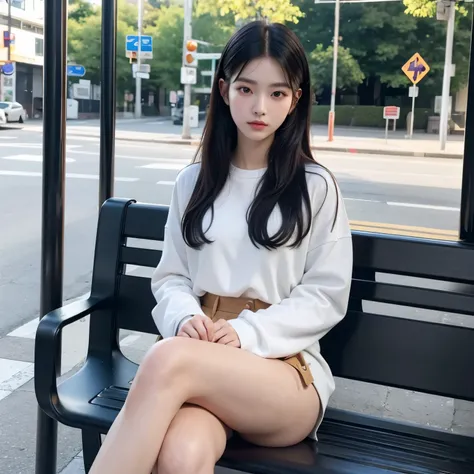 A medium shot of a 20-year-old Korean fashion model and influencer with distinct facial features, smooth porcelain skin, almond-shaped eyes, and glossy black hair, sitting at a bus stop, posing for a photoshoot, her confident gaze and elegant posture highl...