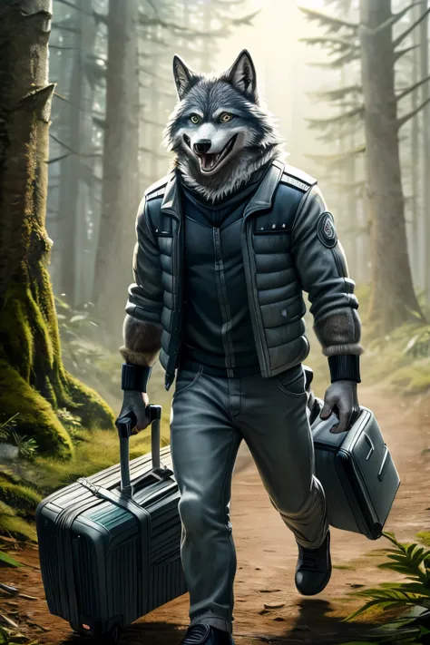 43 year old man, alone, ((anthropomorphic wolf)), ((wolf with realistic fur)), gray fur, detailed eye, wolf ears, gray and black...