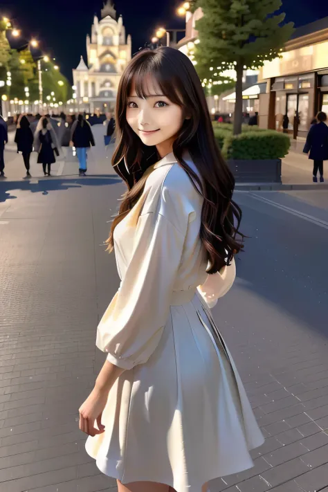 there is a woman standing on a sidewalk in a city, Standing in the city centre, In the city, Standing on the street, On the street, Elegant girl in urban clothing, 街のOn the street, wandering In the city, Posing on the road in the city, On the street, In th...