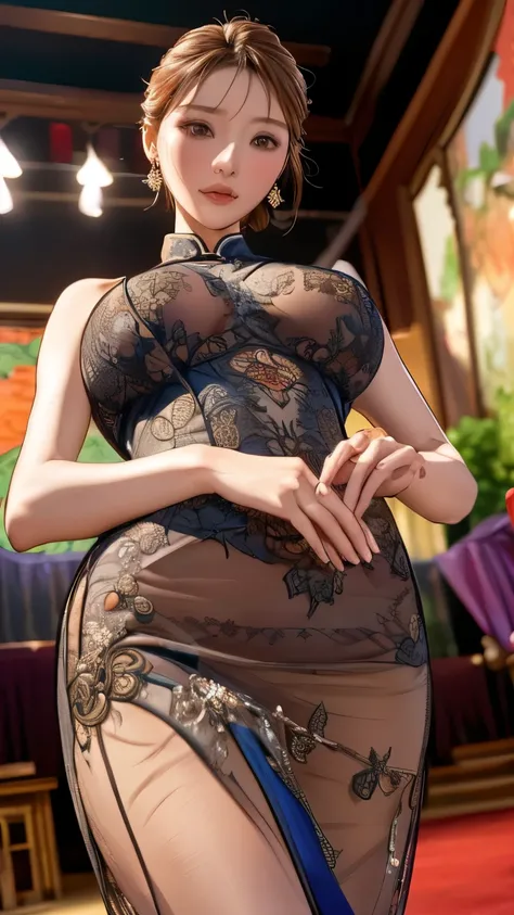 Chinese woman wearing China dress, Very detailed decorations, (((masterpiece))), ((Highest quality)), ((Intricately detailed)), ((ultra-realistic)),, Absurd resolution, Mature Woman, Mature Woman, perspective, Very detailed, figure,, (Large Breasts), Perfe...