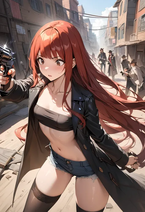 (Action Scenes、Gunfight)、((masterpiece,best quality anime,Highest quality:1.3)),realistic,cowboy shot,(25 year old beauty), gunslinger ,1woman,solo,((very small head:1.4)),((very long body:1.3)),red hair,bangs,straight long hair,gorgeous big eyes,brown eye...