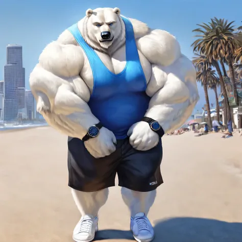 huge muscular polar bear in L.A. beach, big smirk, polar bear, huge white fur, thick arm, huge arm, white mustache, bearded white. white hair and beard, bearded, (muscular, pectoral, wide pectoral, thick arms), realistic, 8k, masterpiece, detailed grey eye...