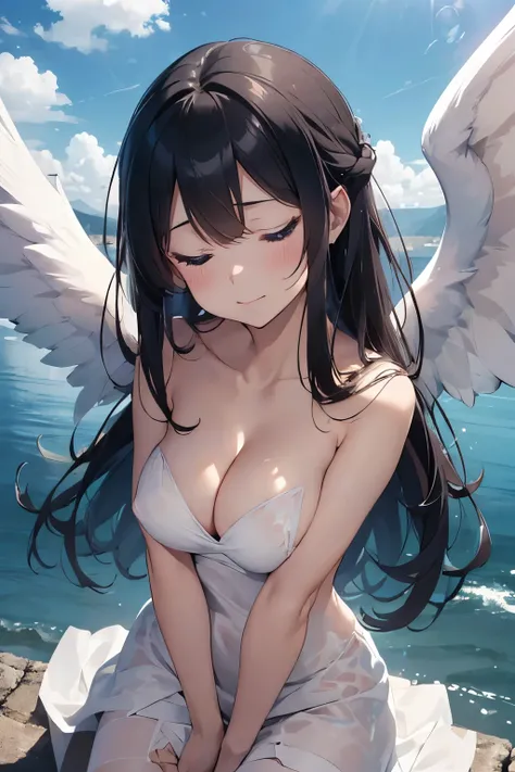 ((Top Quality)), ((Excellent)), (Details),,((angel)),cate , ultra realistic, stunning environment ,vibrant colors, 13 years old, Black Hair,(Childish face),((Straight Hair)), shiny hair, ((shoot from above)),Medium Breasts, ((Naked)),（topless）,Big Wings, (...