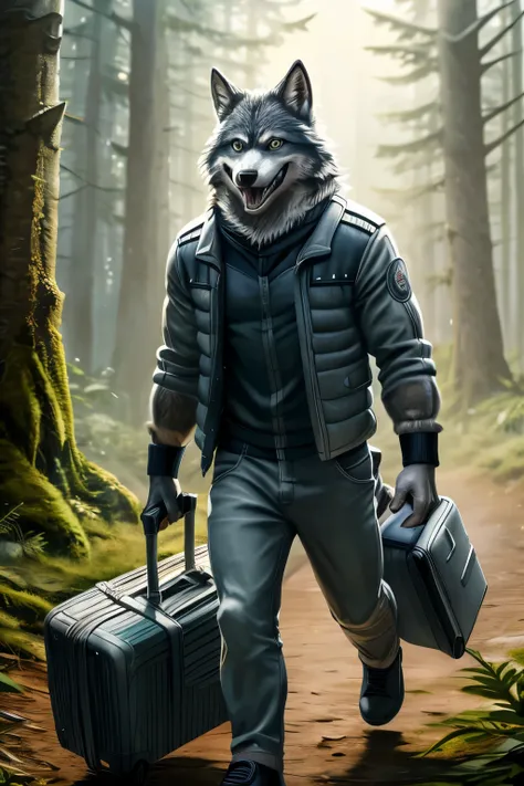 43 year old man, alone, ((anthropomorphic wolf)), ((wolf with realistic fur)), gray fur, detailed eye, wolf ears, plaid shirt, h...