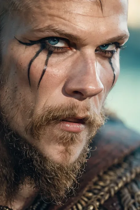 hyper realistic, ultra detailed, close-up face of floki a viking warrior, 50 years old, black makeup on eyes, beard, ultra reali...