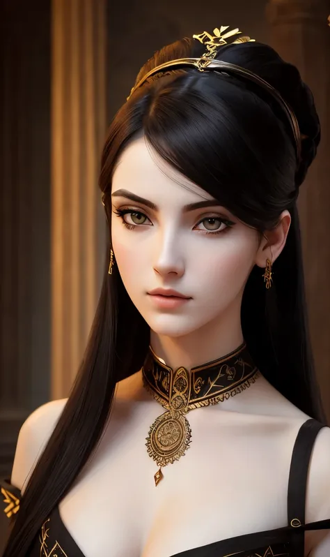 Rule of thirds, An extremely Beautiful Woman, looking seductively to camera, pale skin, ((black-hair)), ancient greek wwoman , sexy ancient greek clothing, gritty sharp focus, intricate, highly detailed, high detailed face, soft lighting, vibrant colors, m...