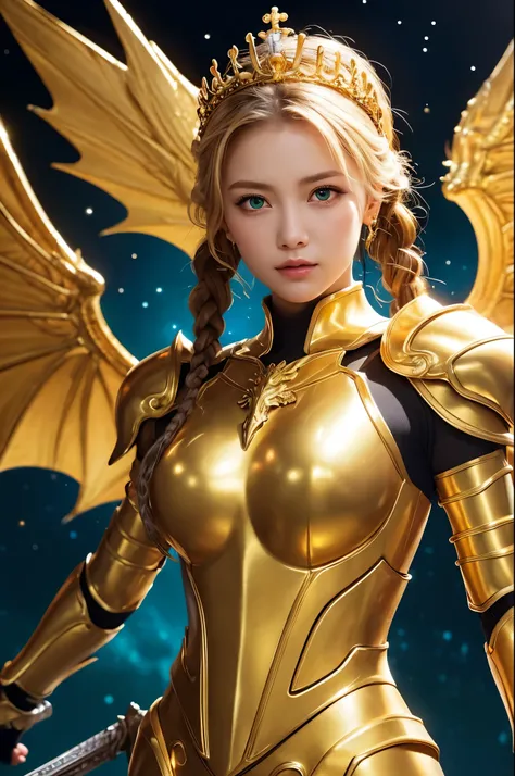 Ultra HD、Ultra-clear、Beautiful Face、Covered entirely in golden armor、Holy warrior in golden armor、Mechanical Golden Wings、Golden Tiara、Golden armor covered in sculptures、Dragon-inspired armor、Heavy golden armor、Green Eyes、Blonde、Braided Hair、Big Breasts、be...