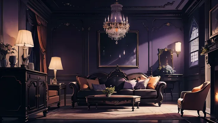 Internal, Victorian Manor and Relics, (((night))), (((Moonlight enters the living room))) Soft pale orange palette, Soft purple auxiliary outdoor lighting 