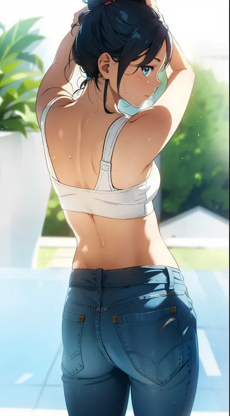girl, sweat, medium breast, shy, detailed hand, looking at viewer, dynamic shadows, slight smile