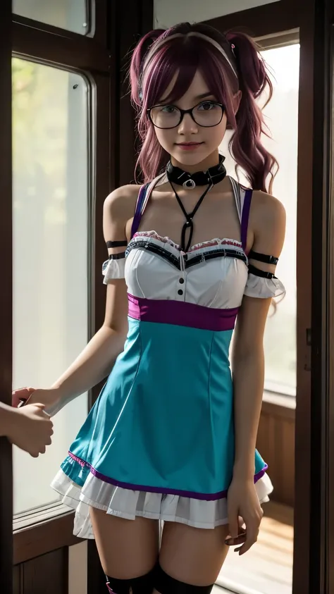 18 year old tween girls at a music festival, two close playful friends, perfect young teen models, colored hair, kawai cosplay girls, colored short dresses, dress with straps, choker, skinny body, innocent, garter with stockings, good lighting, glasses, br...