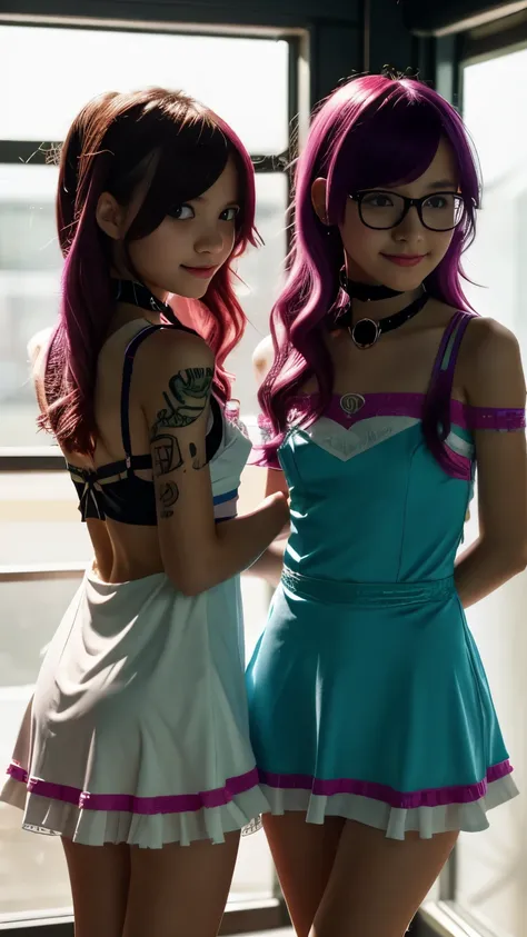 18 year old tween girls at a music festival, two close playful friends, perfect young teen models, colored hair, kawai cosplay g...