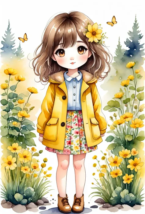 minimalist illustration,Lovely watercolor for a garden. she has hair and wears a yellow coat and floral skirt,chibi,kawaii,Cute drawing