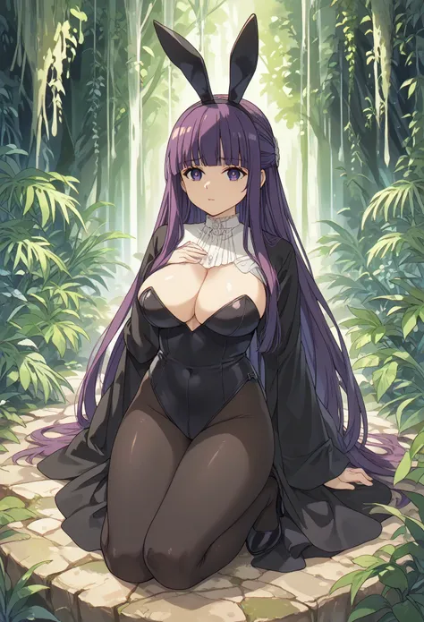 full body,fern (sousou no frieren), large breasts, long hair, purple hair, half updo, blunt bangs, purple eyes,black bunny suit,black bunny ears
