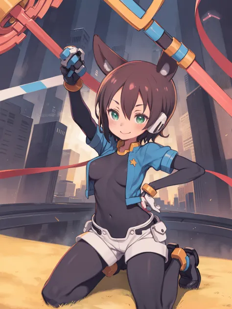 aile_megamanzx, kneeling with one hand on the ground and the other arm raised, 1girl, solo, short hair, brown hair, short sleeves, (bodysuit), robot ears, green eyes, very_short_shorts, short sleeves, short over long sleeves, smile, in futuristic city, , h...