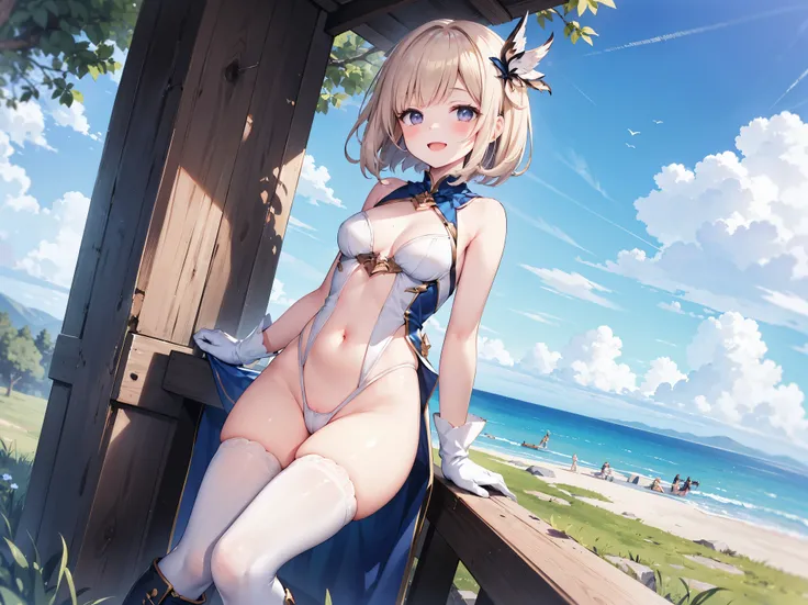 GRANBLUEfantasy,1young_teen_ girl,brown_hair,medium_bob_hair,platina_blond_hair,white_leotard,covered_crotch,thigh-highs,smile,standing,bluesky_landscape_background,slightly_spread_legs,happiness, short_gloves ,solo, r18, navel,relicbuster,short,boots,open...