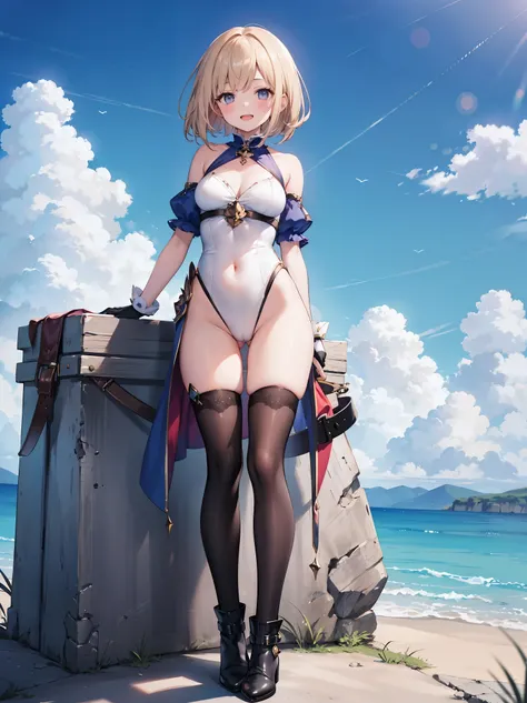 GRANBLUEfantasy,1young_teen_ girl,brown_hair,medium_bob_hair,platina_blond_hair,white_leotard,covered_crotch,thigh-highs,smile,standing,bluesky_landscape_background,slightly_spread_legs,happiness, short_gloves ,solo, r18, navel,relicbuster,short,boots,open...