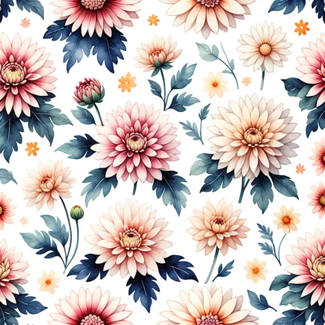 ditsy, watercolor floral, chrysanthemum, dahlia, flat, botanical, sameless pattern