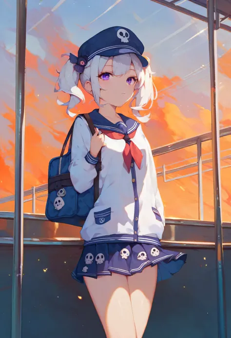 1girl, solo, white hair, purple eyes, twintails, school  uniform, mini skirt, skull print, navy cap, orange sky,, outdoors, train station, standing in front of bus,, 