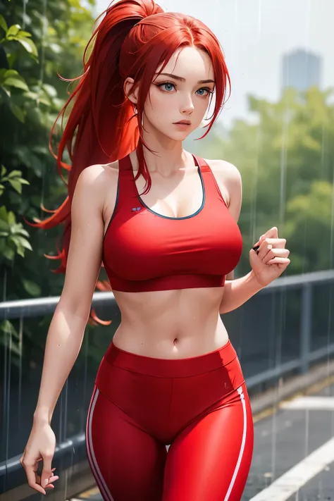 woman, bright red hair, long hair, ponytail, blue eyes, large chest, ((red leggings)), ((red sports bra)), jogging in the rain, ...