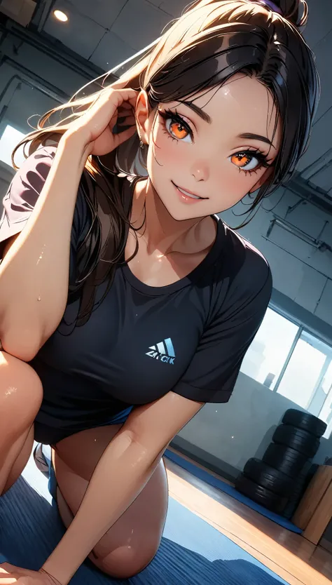 Sexy fitness instructor, 1 Female, Athletic Wear:1.2, Clean clothes, (Black Hair, High long ponytail, Orange eyes), smile:1.3, Beautiful eye color, Random Pause, Dutch Angle, Yoga Mat, Training Equipment, Sexy pose, Cinematic lighting, dramatic colors, Chi...