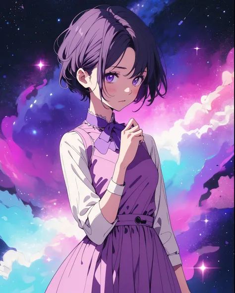 Girl with short purple hair in pink dress, purple space background, Ultra-high image quality, looks away from the camera